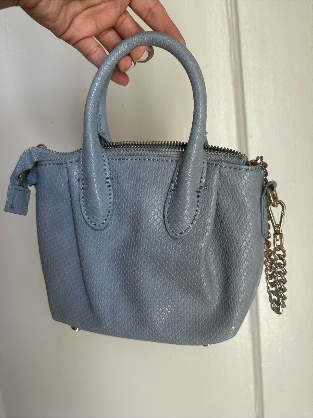 Zara Classic Mini Tote in Soft Blue Reptile-Embossed, with Chain Accent